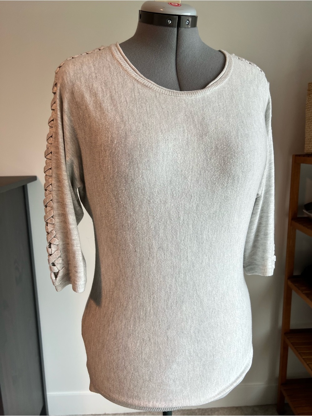 Kismet Light Gray Scoop Neck Sweater with Lace-Up Sleeve